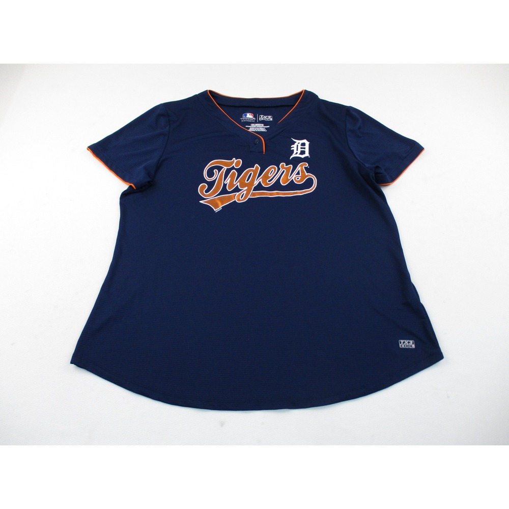 MLB Jersey Top Women XXL Blue Detroit Tigers TX3 Cool Short Sleeve V-Neck Logo